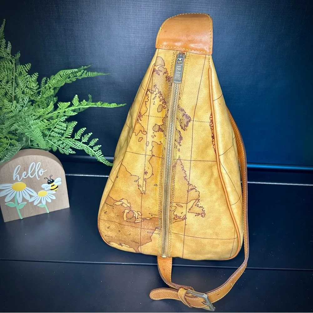 Vintage Alviero Martini 1A Classe Geo Map Coated Canvas Leather Sling Backpack